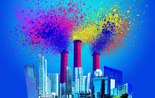 Industrial factory pollution, smokestack exhaust gases. Collage, or art design with paint splash and painting drops.