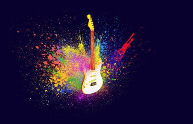 Yaratıcı gökkuşağı müzik illüstrasyonu. Beyaz gitar silueti ve gökkuşağı boyasıyla dekorasyon elementi sıçradı