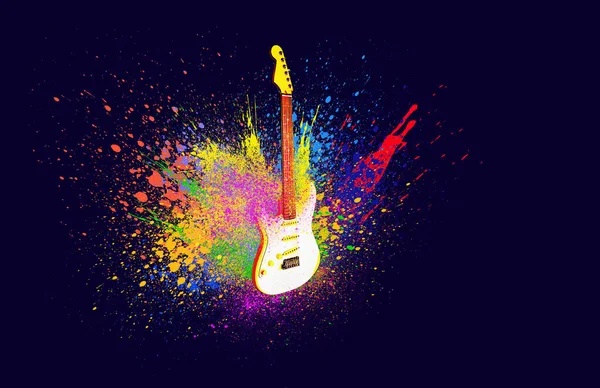 创意彩虹音乐插图 白色吉他剪影和彩虹彩绘的装饰元素 — 图库照片