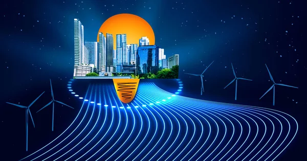 Hologramm Windkraftanlage Grünes Energiekonzept Erneuerbare Energieerzeugung Für Grüne Ökologische Welt — Stockfoto