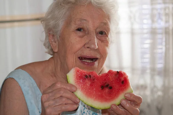 Smiling Attractive Old Senior Woman Holding Slice Fresh Watermelon Looking — Stock Photo, Image