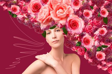 Soyut modern sanat tasarımı ya da yüzünde çiçekler olan genç bir kadının portresi gözlerini gizliyor.