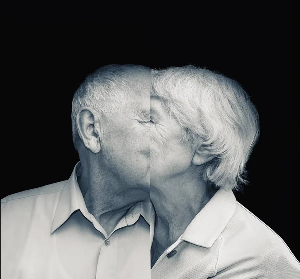 The elderly couple on a the black background. Merger. Art collage