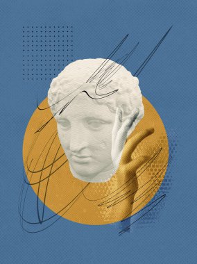 Soyut insan antikası heykeli ve insan eli, çizim tarzı. Yaratıcı fikir sembolü, sanat tasarımı veya kolaj. Ruh sağlığı, düşünme, psikoloji konsepti