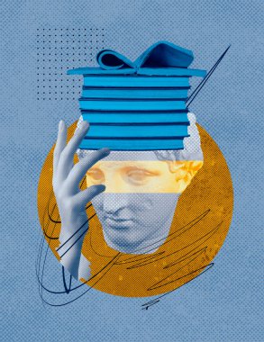 Soyut insan antika heykeli ve insan eli, kitaplar. Yaratıcı fikir sembolü, sanat tasarımı veya kolaj. Ruh sağlığı, düşünme, psikoloji, eğitim, entellektüel gelişim kavramı