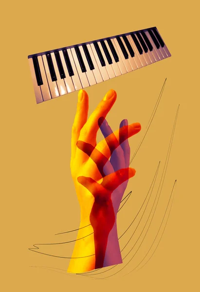 손으로 피아노를 흑백의 피아노 조화를 이루면서 신시사이저는 배경으로 분리되었다 컨셉트 — 스톡 사진