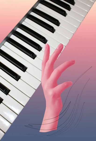 손으로 피아노를 재생합니다 피아노 배경에 합성기 개념적이고 현대적인 콜라주입니다 레트로 — 스톡 사진