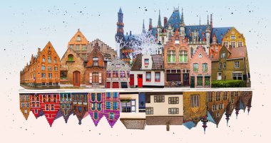 Belçika, Bruges 'deki bir kanal boyunca uzanan tarihi ortaçağ binalarının kolajı. Sanat tasarımı