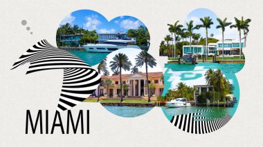 Luxurious mansion in Miami Beach, Florida at US. Creative contemporary art collage or design.