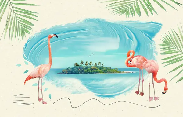 Kolaż Sztuki Współczesnej Design Flamingi Morze Koncepcja Lata Podróży — Zdjęcie stockowe