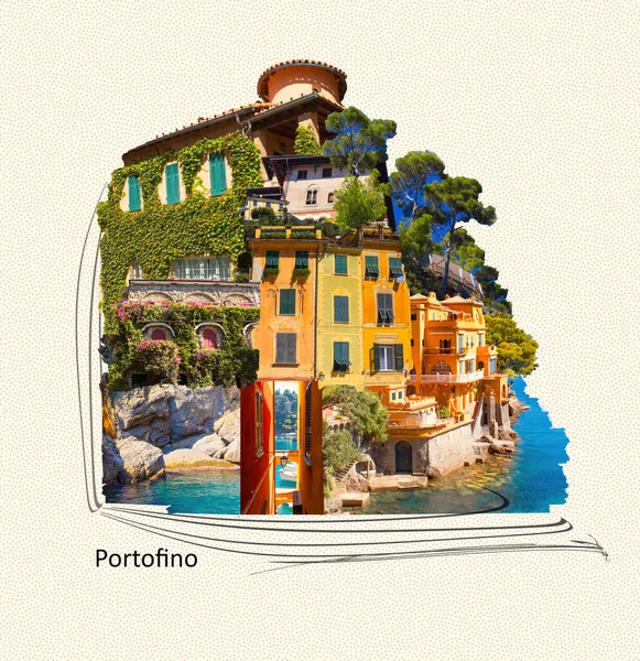 Collage Prachtige Baai Met Kleurrijke Huizen Portofino Ligurië Italië — Stockfoto