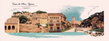 Tossa de mar 'daki antik kalenin kolajı. İspanya 'da Costa Brava - Sanat kolajı veya tasarımı