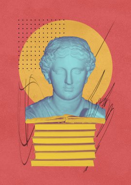 Soyut insan antika heykeli ve kitaplar. Yaratıcı fikir sembolü, sanat tasarımı veya kolaj. Ruh sağlığı, düşünme, psikoloji, eğitim, entellektüel gelişim kavramı