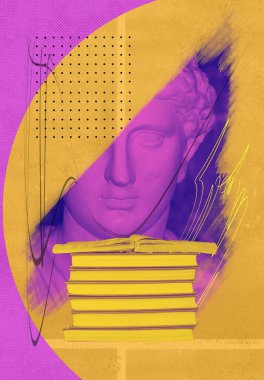 Soyut insan antika heykeli ve kitaplar. Yaratıcı fikir sembolü, sanat tasarımı veya kolaj. Ruh sağlığı, düşünme, psikoloji, eğitim, entellektüel gelişim kavramı