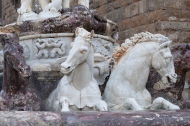 Floransa, İtalya - 30 Eylül 2023: Neptün Çeşmesi - İtalya 'daki Piazza della Signoria veya Signoria meydanında yer alan Floransa' da bir çeşme