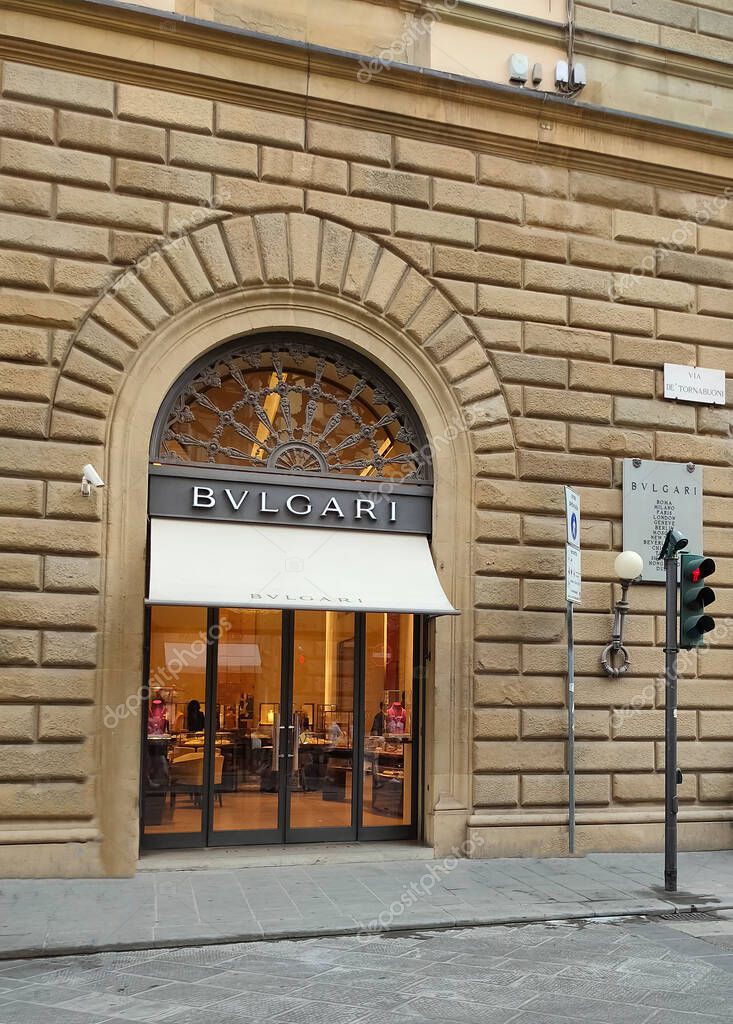 Florence, Italy - October 4, 2023: Bulgari, or BVLGARI, store, is an Italian luxury fashion house known for jewellery, watches, fragrances, accessories, and leather goods