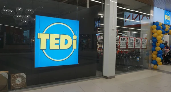 stock image Wroclaw, Poland - October 19, 2023:Store front of Tedi store inside a mall. People in medical masks shopping in large commercial store with cheap marchandise