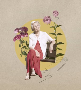 Yaz boyunca parkta oturan gülümseyen son sınıf öğrencisi kadın - geçmişe dönük tasarımla kolaj