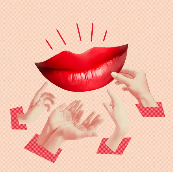Collage Art Contemporain Augmentation Des Lèvres Concept Traitement Beauté Chirurgie Photo De Stock