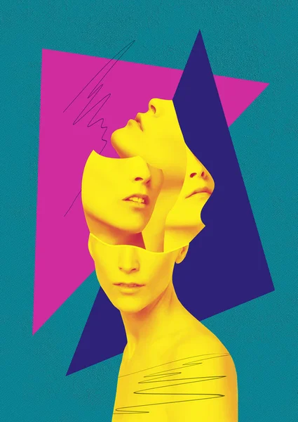 Collage Futuriste Visages Femmes Cultivées Avec Fond Couleur Abstrait Images De Stock Libres De Droits