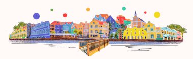 Willemstad, Curacao, Hollanda - güneşli bir günde renkli binalarla dolanıyor. Kolaj