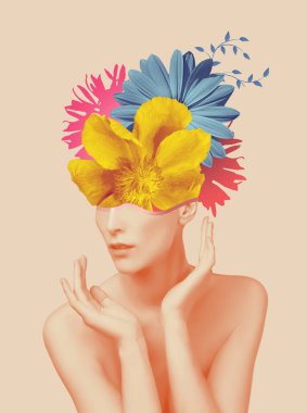 Soyut modern sanat tasarımı ya da yüzünde çiçekler olan genç bir kadının portresi gözlerini gizliyor.