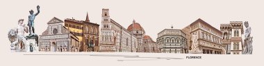 Collage of landmarks of Florence, Italy. Basilica of Santa Maria del Fiore or Basilica of Saint Mary of the Flower in Florence, Italy. Art design