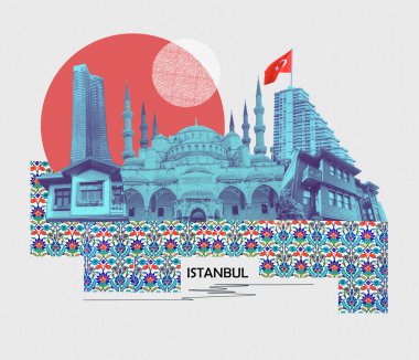 Sultanahmet 'te İstanbul hakkında sanat kolajı veya tasarımı - seyahat ve doğa arka planı - sokak görüşü. Burası İstanbul 'un en popüler turistik mekanı..