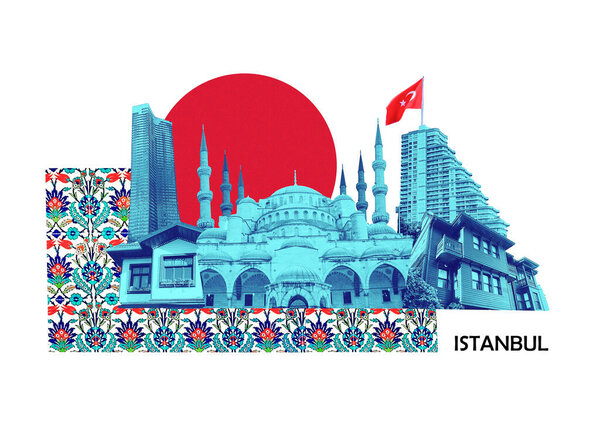 Art collage or design about Istanbul at Turkey - travel and nature background - Street view in Sultanahmet. This is the most popular tourist place in Istanbul.