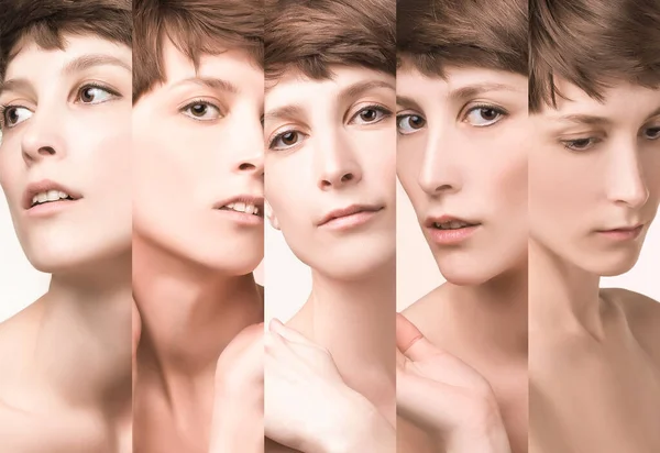 Collage of faces of beautiful woman. Female face close up. Portrait of young caucasian woman. Fresh skin, beauty concept. Short haircut, long neck, perfect skin