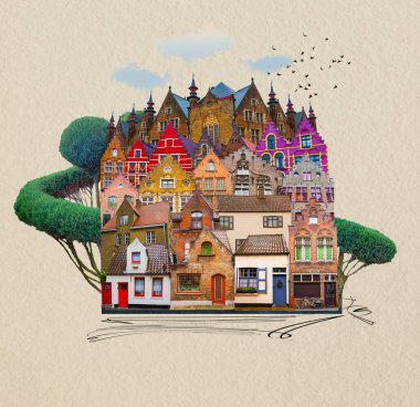 Belçika, Bruges 'deki bir kanal boyunca uzanan tarihi ortaçağ binalarının kolajı. Sanat tasarımı