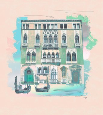 Çağdaş sanat eserleri. Retro tarzda yaratıcı tasarım. Venedik 'teki güzel binaların renkleri. Antika kasaba. Yaratıcılık kavramı, sürrealizm, hayal gücü, fütüristik manzara. Poster