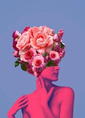 Soyut modern sanat tasarımı ya da yüzünde çiçekler olan genç bir kadının portresi gözlerini gizliyor.