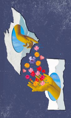 Kadın eli, asılı objeyi mavi arka planda izole bir şekilde uzanmış ele vermek gibi bir hareket yapar. Devir teslim. Magazin tarzında moda bir kolaj. Çağdaş sanat.