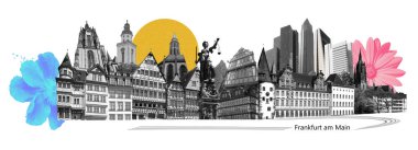 Frankfurt am Main, Almanya 'nın tarihi kolajı - çağdaş yaratıcı modern sanat kolajı veya tasarımı - geçmişe dönük seyahat konsepti