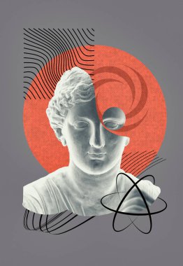 Antik heykellerin olduğu kolaj pop sanat tarzında insan yüzü. Antik heykel kafasıyla modern yaratıcı konsept imajı. Çağdaş sanat posteri. Tasarım