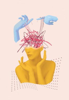 Çağdaş sanat kolajı, tasarım. Soyut doktor elleri insan kafasının yanında, zihinsel sorunlarla uğraşıyor. Psikiyatrist. Tıbbi yardım, tedavi, zihinsel tedavi kavramı - beyin kavramlarınızı düzeltin