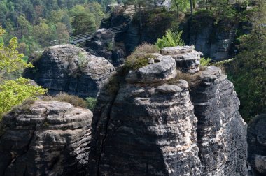 Bastei manzaralı Elbe nehrinin güzel yaz manzarası. Sakson İsviçre ulusal parkının renkli sabah manzarası, Almanya, Avrupa. Kum Taşı Dağları 'nın muhteşem manzarası, Saksonya.