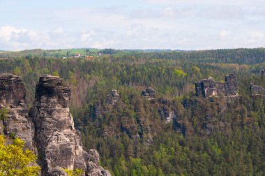 Bastei manzaralı Elbe nehrinin güzel yaz manzarası. Sakson İsviçre ulusal parkının renkli sabah manzarası, Almanya, Avrupa. Kum Taşı Dağları 'nın muhteşem manzarası, Saksonya.