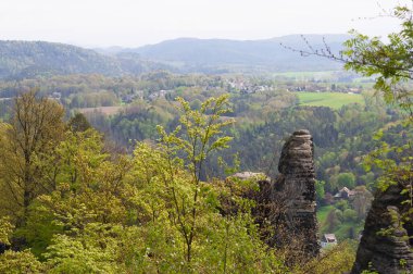 Bastei manzaralı Elbe nehrinin güzel yaz manzarası. Sakson İsviçre ulusal parkının renkli sabah manzarası, Almanya, Avrupa. Kum Taşı Dağları 'nın muhteşem manzarası, Saksonya.