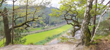 Bastei manzaralı Elbe nehrinin güzel yaz manzarası. Sakson İsviçre ulusal parkının renkli sabah manzarası, Almanya, Avrupa. Kum Taşı Dağları 'nın muhteşem manzarası, Saksonya.