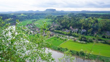 Bastei manzaralı Elbe nehrinin güzel yaz manzarası. Sakson İsviçre ulusal parkının renkli sabah manzarası, Almanya, Avrupa. Kum Taşı Dağları 'nın muhteşem manzarası, Saksonya.