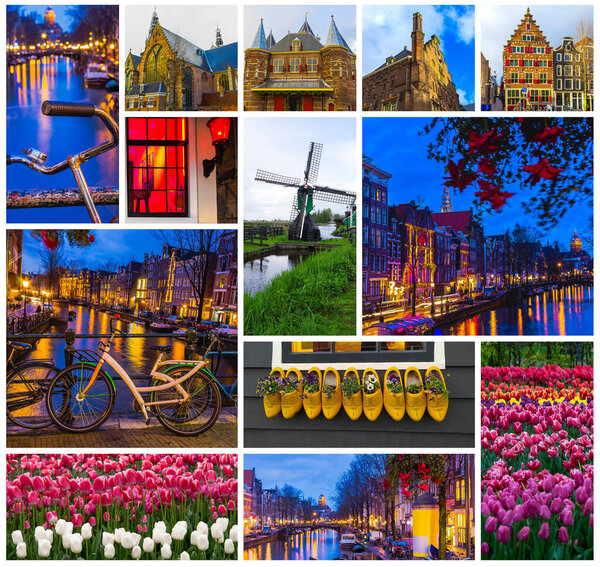 Amsterdam city photo collage. Landmark travel photos postcard from Amsterdam at Netherlands.