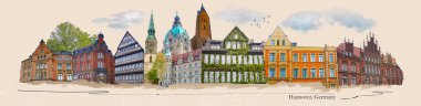 Beautiful old building in Germany - facade at historical center of Hannover, Germany - art collage or design clipart
