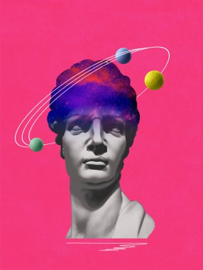 Antik heykel kafalı çağdaş sanat kolajı gerçeküstü bir tarzda. Çağdaş sanat posteri. Tasarım