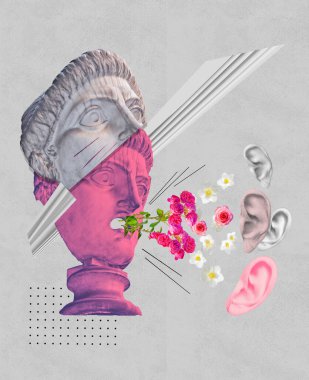 Sanat kolajı, megafon ve ilginç söylentiler, çağdaş kolaj. Haber ve propaganda kavramı. Lider ya da konuşmacı. Heykeli olan kolaj çiçekleri ile büstü. Modern tasarım.