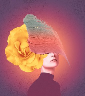 Soyut modern sanat tasarımı ya da yüzünde çiçekler olan genç bir kadının portresi gözlerini gizliyor.