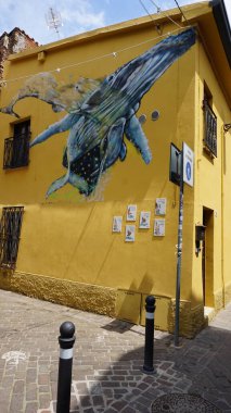 Rimini, İtalya - 25 Haziran 2024: Borgo San Giuliano 'da duvarda duvar resmi Rimini, İtalya' da alçak ve renkli evleri olan tipik bir sokak