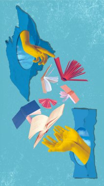 İnsan eli ve soyut arkaplan üzerine açık kitaplar. Çağdaş sanat kolajı. Eğitim kavramı, okuma, bilgi. Tasarım