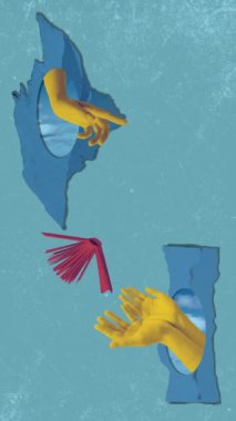 İnsan eli ve soyut arkaplan üzerine açık kitaplar. Çağdaş sanat kolajı. Eğitim kavramı, okuma, bilgi. Tasarım ve 2B animasyon